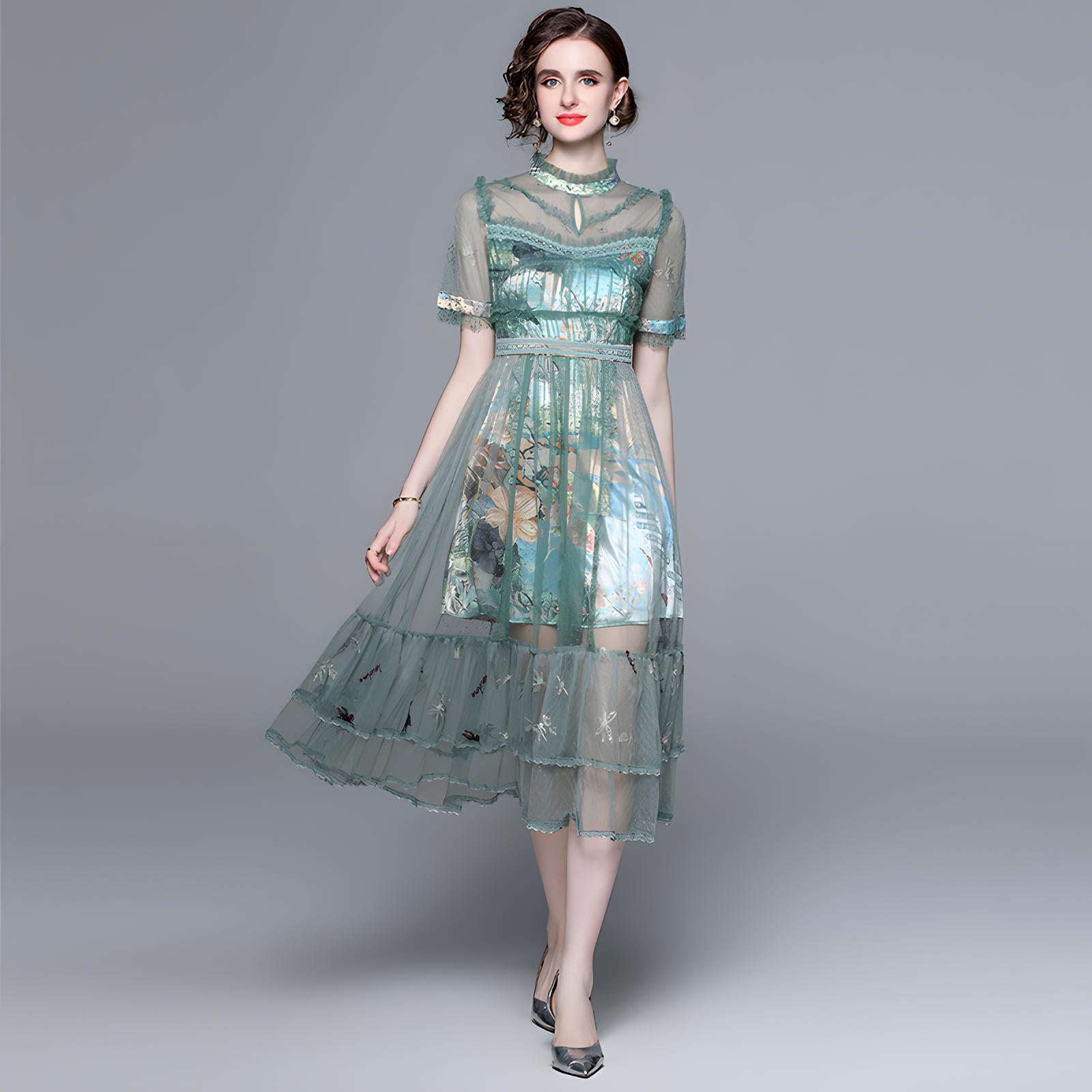 Luxury Silk Thread Embroidery Mesh and Lace Butterfly Sleeve Dress - 6994#616
